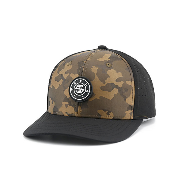 Wholesale Structured Camouflage 6 Panel Mid-Profile Mesh Back Trucker Snapback Hat with Rubber Badge