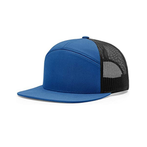 High Quality Cotton&polyeater Blue Color Seven-Panel Snapback Trucker Cap Flat Visor Snapback Mesh Cap