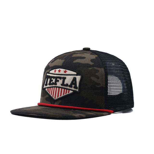 6 panels custom large embroidery logo brand design camo trucker hat with flat brim 